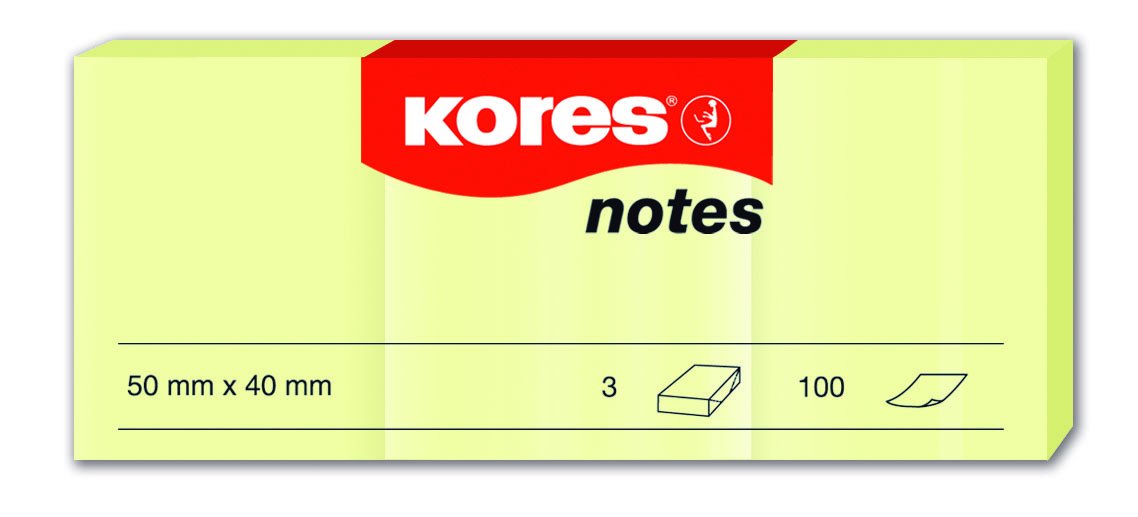 Samolepicí bloček 3ks x 50 x 40 mm KORES, 100 listů žlutý