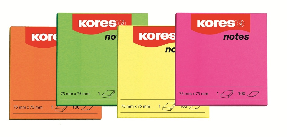 Samolepicí bloček 75 x 75 mm KORES, neonové barvy 100 listů